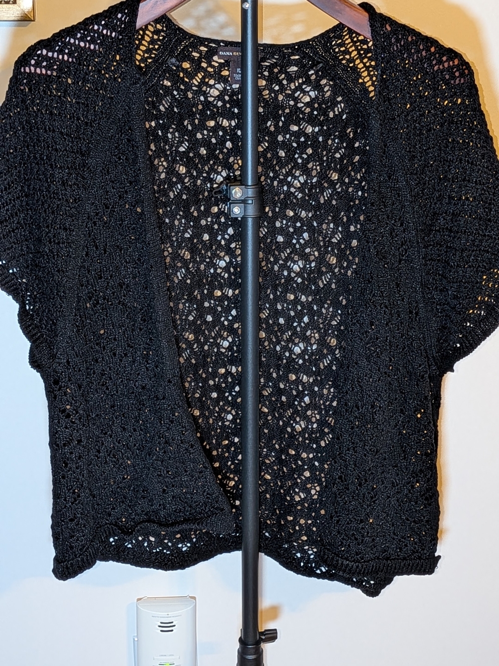 Dana Buchman Black Openwork Crochet Short-Sleeve Cardigan
